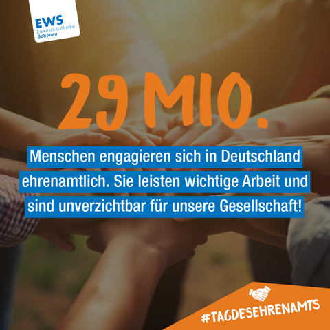 Oben links das EWS-Logo. Dann der Text: "29 Mio. Menschen engagieren sich in Deutschland ehrenamtlich. Sie leisten wichtige Arbeit und sind unverzichtbar für unsere Gesellschaft!"