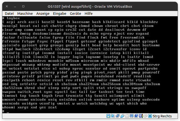 the complete toybox binary outputting the commands it has implemented