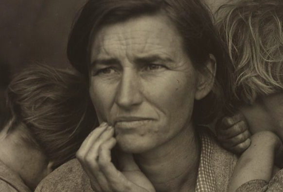 Sepia photograph portrait by Dorothea Lange of migrant mother during Great Depression. "Human Erosion in California"  (Credit: Dorothea Lange)