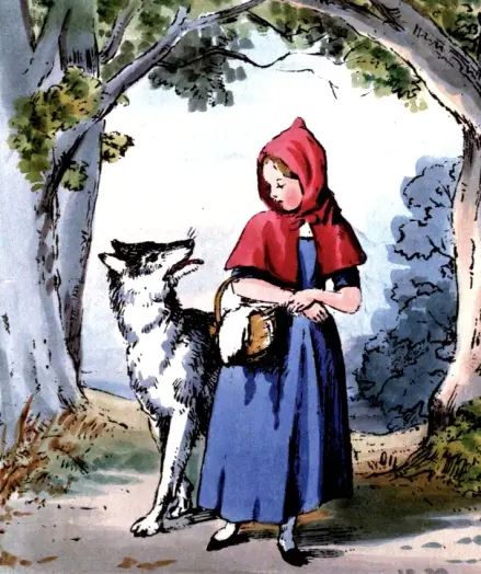 A cute watercolor illustration of Little Red Riding Hood and the Wolf.