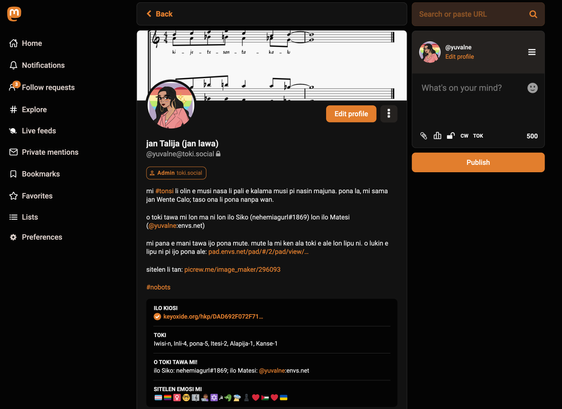 lipu mi kepeken lukin TangerineUI.
sona suli li lon lipu ona.
my profile using the TangerineUI theme. more info at the theme's repo.