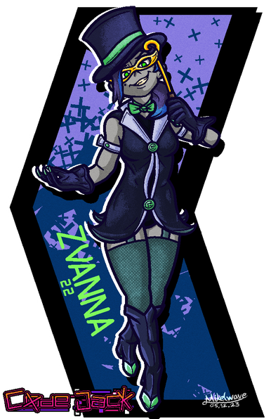 A drawing of my OC for a passion project game called "Code Jack". She is wearing a purple hat and dress, green bowtie and long shiny boots. She is giving an evil grin while covering her eyes with a golden mask.