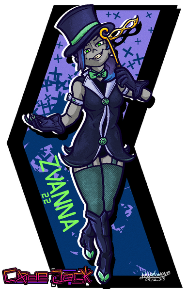 A drawing of my OC for a passion project game called "Code Jack". She is wearing a purple hat and dress, green bowtie and long shiny boots. She is giving an evil grin while covering her eyes with a golden mask.