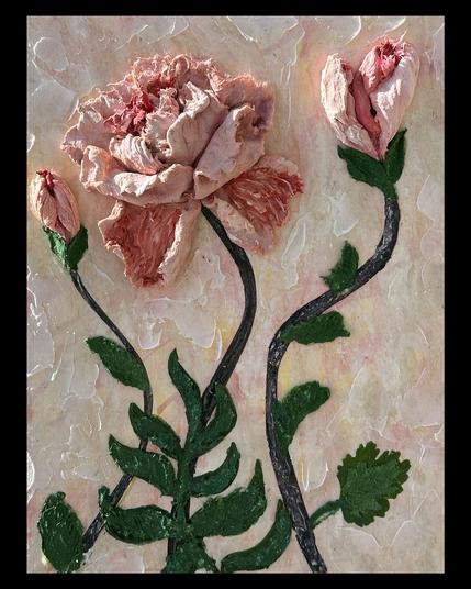 "Sculpted Floral Composition" is a stunning portrayal of a large, blooming flower and a smaller bud, with a focus on texture and color. The artwork features a three-dimensional, textured style that brings the floral subjects to life, with rich, detailed petals in varying shades of pale pink and deep green leaves. The background is subtly marbled, providing a neutral backdrop that allows the intricacies of the flora to shine. This piece captures the beauty of botanical subjects with a palpable sense of depth and an almost sculptural quality.