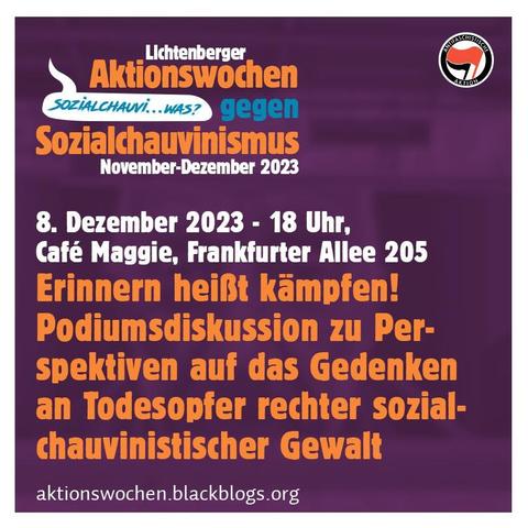 🔥Erinnern heißt kämpfen!🔥

Freitag, 08.12.2023 | 18:00 Uhr | Café Maggie, Frankfurter Allee 205, 10365 Berlin

Anreise: U5, Bus 240 Magdalenenstraße

📣  Aufruf: https://aktionswochen.blackblogs.org/2023/08/29/programm-2023/?event_id1=234

#b0812 #Sozialchauvinismus