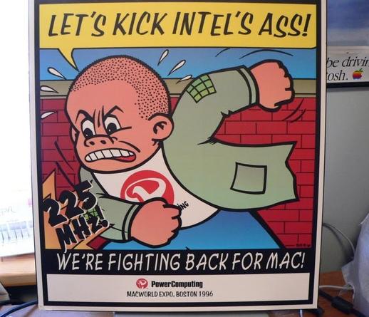 Ad cartoon of an angry-looking youth with a shaved head, jacket, and a Power Computing logo on his shirt. He has an aggressive stance as if he is about to get into a fight.

A speech balloon coming from his mouth reads, “LET’S KICK INTEL’S ASS!”

Stylized text reads “225 Mhz!”, a reference to Power Computing’s then-new PowerTower Pro 225 desktop Mac clone.

Near the bottom, text reads: “WE’RE FIGHTING BACK FOR THE MAC!”

Below that is the Power Computing logo and company name, as well as the text “MACWORLD EXPO, BOSTON 1996”