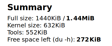 Summary of Floppinux 0.1.0 build from scratch:

- Full size: 1440KiB / 1.44MiB
- Kernel size: 632KiB
- Tools: 552KiB
- Free space left (du -h): 272KiB