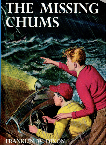 The cover of the Hardy Boys novel The Missing Chums by Franklin W. Dixon, showing two tween boys driving a speedboat into a driving rain at night.