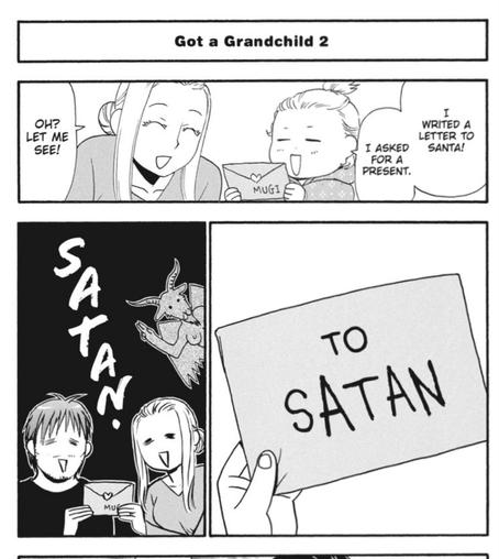A manga panel where a little girl writes a Christmas letter, but she misspelled Santa as Satan