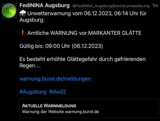FediNINA meldet eine Unwetterwarnung: „Amtliche WARNUNG vor MARKANTER GLÄTTE“.