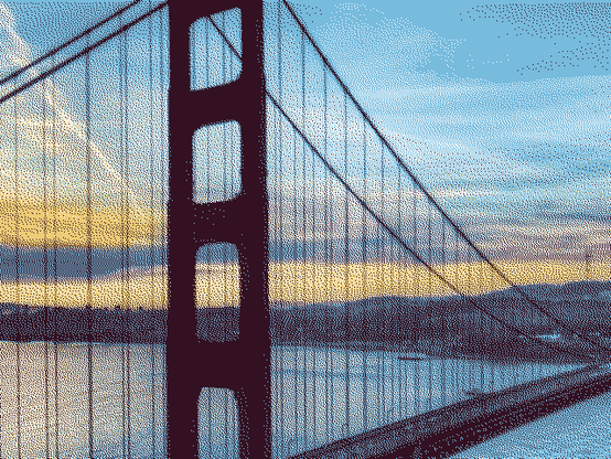 A photo of the Golden Gate bridge in four colors with Floyd-Steinberg dithering.
The darkest color of the bridge was selected as the "black" color, then the blue of the water, the orange of the sky, and pure white to balance it out.