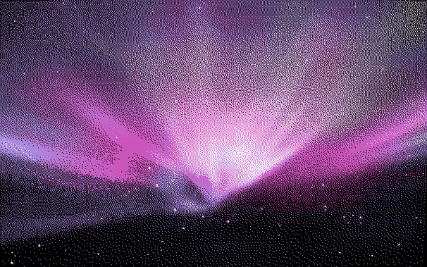 The Mac OS Leopard Wallpaper in four colors with Floyd-Steinberg dithering.
The darkest color is pure black, the lightest s pure white, and then two lavender shades picked from the image.
Might have done better to replace either white or back with a color from the original image.
This is the very first image I converted.