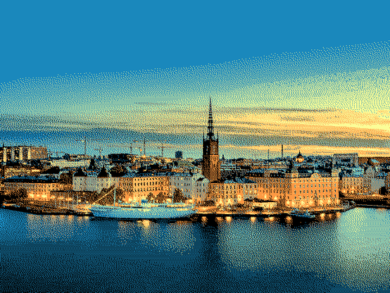 A photo of Stockholm in four colors with Floyd-Steinberg dithering.
The darkest color is pure black, then three colors taken from the original photo: a light blue of the sky, a light orange from the sky, and then the tan-orange of the building faces.