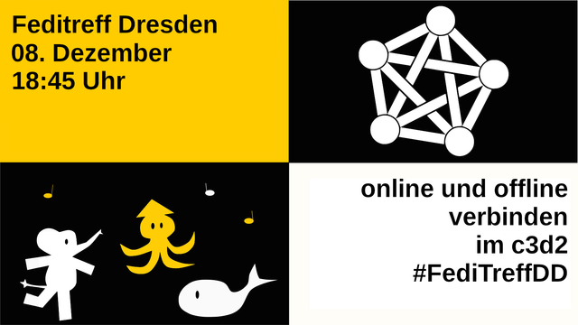 Sharepic in gelb, weiß, schwarz mit den grundlegenden Informationen aus dem Text, dem Fediverse-Logo und verschiedenen Fediverse-Maskottchen.