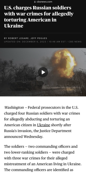 Screenshot of CBS News article about the US charging Russian soldiers with war crimes.