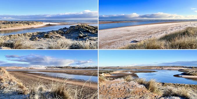 Four pho of the Riiver Ythan Estuary as it joins the North Sea at Newburgh. A cold and icy early winter’s day: ice on the pale green grass and pale sand dunes; the beach sand frosted; looking over the pale blue estuary water to the seal beach, some hauled up seals hauled can be seen resting in the top right photo; blue skies with wintry white clouds on the horizon.