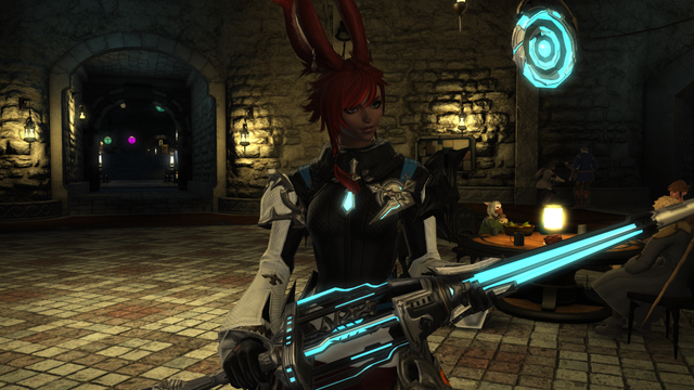 Rav in Red Mage Allagan gear, she has short hair with a single long trailing braid. This screenshot is not correctly lit and feels dark