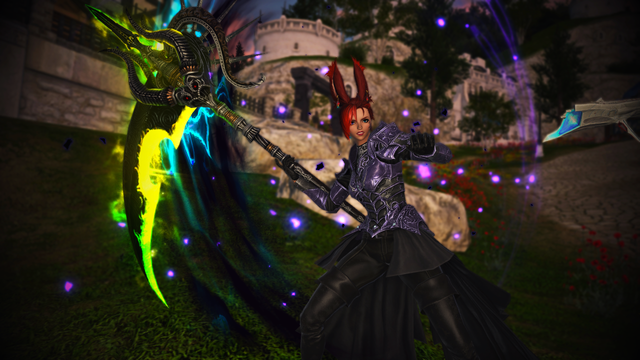 Rav in Purple Thelaia maiming armor and scythe outstretched  swinging it in a full circle.