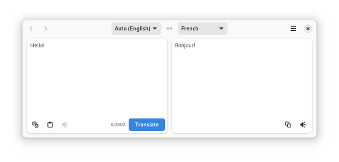 A screenshot of Dialect, showing "Hello" automatically detected as English and translated into French