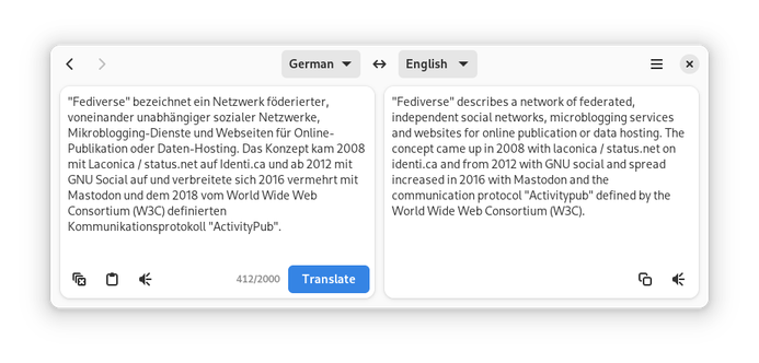 A screenshot of Dialect, showing the first part of the Fediverse's German Wikipedia article, translated into English
