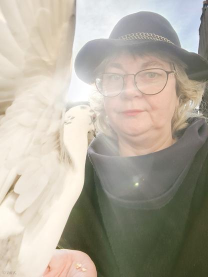 Autoportrait avec la pigeonne Nébé, presque toute blanche, posée dans ma main ailes déployées, et le soleil qui fait des rayons incroyables entre nous deux <3