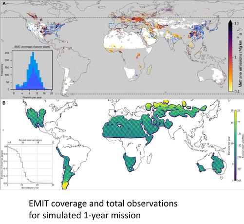 graph and maps - EMIT coverage and total observations for simulated 1-year mission