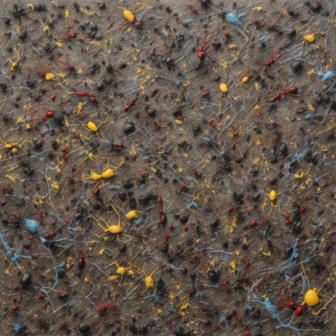 Prompt: Ant painting like Jackson Pollock, distant view, Aspect: square 1:1(1024:1024), CFG_scale: 7, Sampler: ddim, Seed: 860742439(Generated at StableDiffusionXL)