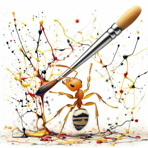 A tiny ant that paints a Jackson Pollock-style action painting.(Create by Bing Image Creator)