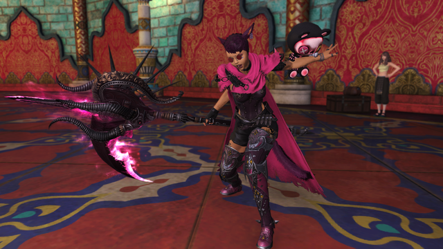 Lillian showcases her skills with a /battleStance. Meanwhile, Venny, in the wrong place at the wrong time, gets hit in the gut accidentally with Lillian's left arm.