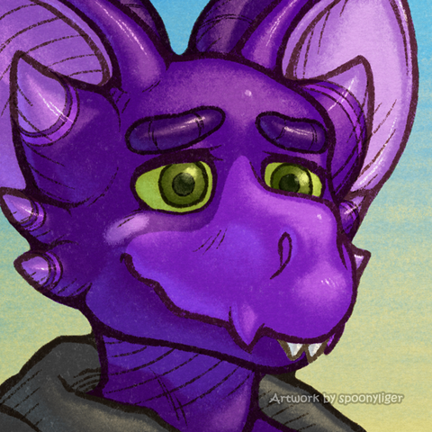 Digital headshot artwork of a purple original character resembling an anthropomorphic dinosaur. The character is facing forward towards the right side of the image at a 3/4 angle with a smiling expression. Behind it is a light-blue to yellow gradient background.