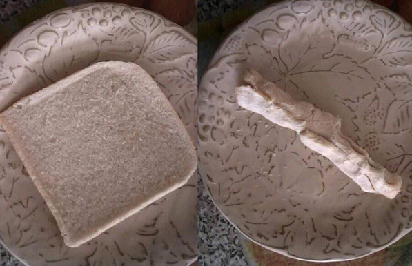 Left: A slice of bread on a plate.
Right: Bread slice rolled and squeezed into a breadstick.