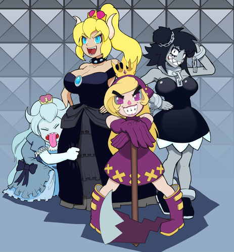 From left to right, fan characters Boosette, Bowsette, Wapeach and Chompette