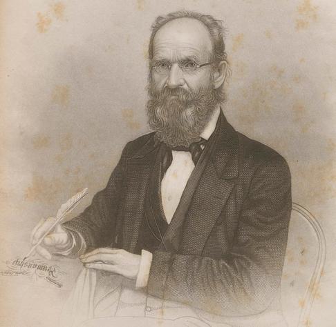 Engraving of a bearded man in glasses holding a quill pen.