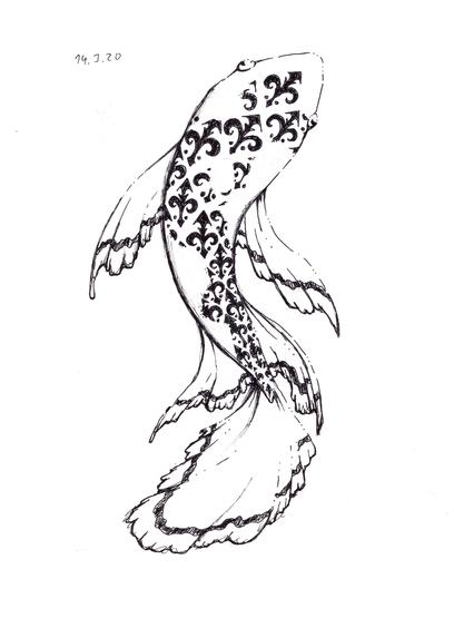Inkpen sketch on white paper. A fish with long flowing fins, looks a bit like a koi. It is marked with white spots and spots which are filled with a seamless brocade pattern. In the top left the date is noted as 4.3.20