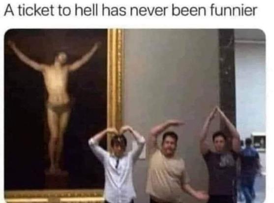 Three guys next to a painting of crucified Jesus, doing the YMCA choreography with Jesus being letter Y.
