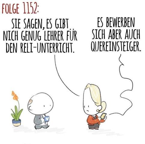 Panel 1: Kai walks in on Franzi, who’s on the phone. She says to Kai: they’re saying there aren’t enough teachers to teach religion in school. A voice from the phone says: we’ve got some career changers applying though.