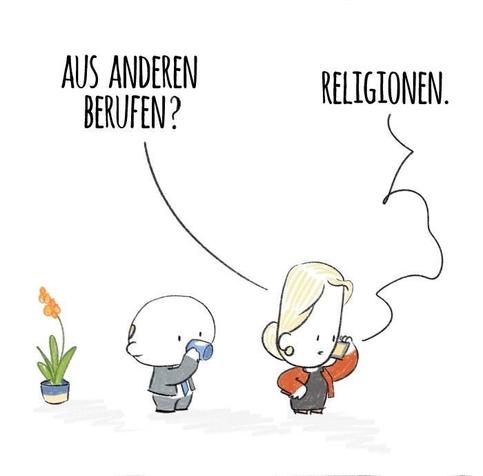 Panel 2: Franzi asks into the phone: from other professions? The voice on the phone answers: Other religions.