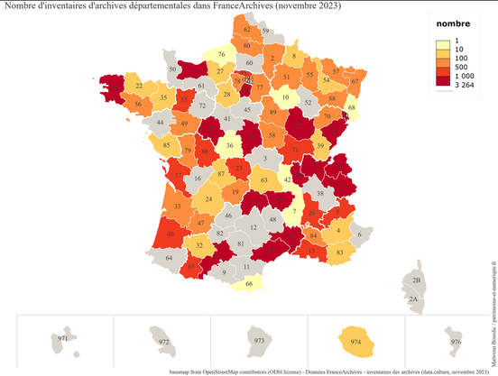 Répartition géographique des services d'archives départementales fournisseurs d'inventaires pour FranceArchives