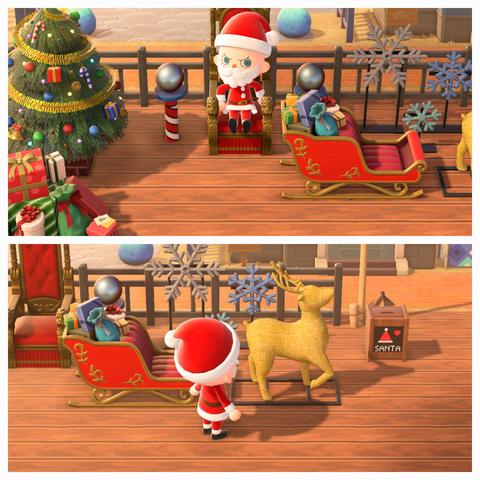 Collage of two Animal Crossing: New Horizons screenshots. Both of them set during the day with an light skinned, blue eyes, bald islander dressed like Santa. The area in both scenes has a wooden plank ground and is surrounded by a low, metal fence. In the upper picture, we see the Santa character in the center sitting on an ornate throne with two "South Pole" poles on either side of the throne. To the left is a large Christmas tree with presents underneath it. To the right is a sleigh with gifts on top. Behind the sleigh are large, light-up snowflakes. The lower picture shows the same villager from behind and has slid the entire scene over. The human is looking at the sleigh which has a golden, glowing reindeer statue in front of it. Behind the reindeer is a small wooden donation box which has a black background image on it with a Santa hat, a heart, and the word "Santa" in white, capital letters.