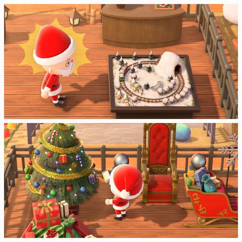 Collage of two Animal Crossing: New Horizons screenshots. Both of them set during the day with an light skinned, blue eyes, bald islander dressed like Santa. The area in both scenes has a wooden plank ground and is surrounded by a low, metal fence. In the bottom picture, to the center offset to the right, an ornate throne with two "South Pole" poles on either side of the throne. To the left is a large Christmas tree with presents underneath it with the Santa villager having their cell phone out taking pictures of it. To the right is a sleigh with gifts on top. Behind the sleigh are large, light-up snowflakes. The upper picture shows the same villager from the side as they are looking shocked at a model train display set in the winter with a small hill for the train to ride through.