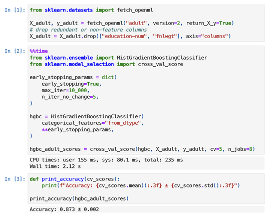 Screenshot of syntax highlighted snippet from: https://nbviewer.org/github/ogrisel/notebooks/blob/master/sklearn_demos/gbdt_vs_neural_nets_on_tabular_data.ipynb

The GBDT cross-validated accuracy is 0.873 +/- 0.002.