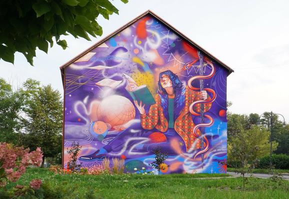 Mural by Wakeuptime in Lidzbark Warmiński (Poland) dedicated to Nicolaus Copernicus, a Polish astronomer, who formulated a model of the universe that placed the Sun rather than Earth at its center