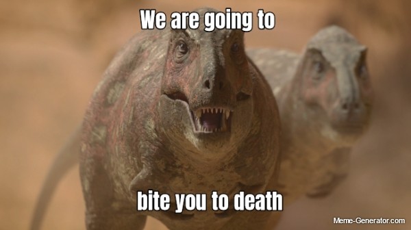 A Prehistoric Planet screenshot featuring two Tarbosauruses facing the camera. It is captioned 'We are going to bite you to death'