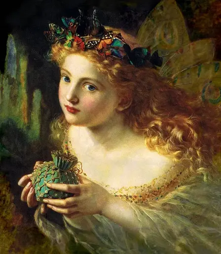 A painting of a fairy wearing a garland of butterflies and holding an ornate purse.