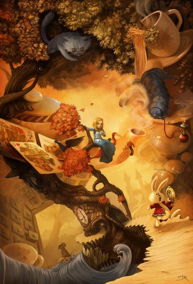 Des personnages du livre Les Aventures d'Alice au pays des merveilles représentés par David Revoy