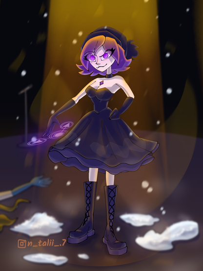 Хуманізована Узі в сукні використовує функцію солвера "переклад". Іншу руку вона поклала на бедро. За кадром хтось лежить і видно лише жовте волосся та чиясь рука. Вона на сцені на якій чомусь пішов сніг.