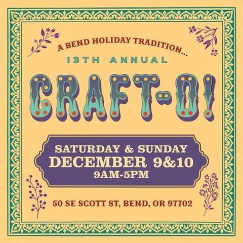Craft-O event flyer with canary yellow background dark green floral border and 4 cherry-red floral graphics with red & green text