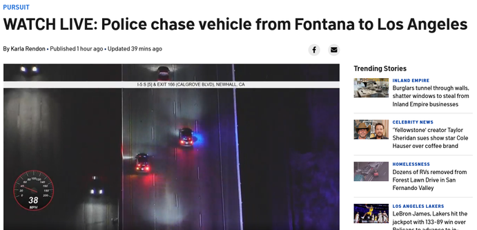 NBC Los Angeles live stream of a police chase from Fontana to Los Angeles, now in Santa Clarita