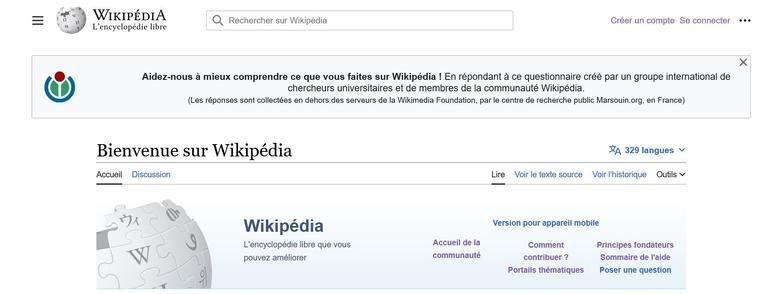 Capture d'écran de la page d'accueil de Wikipédia affichant un bandeau invitant à répondre à un questionnaire.