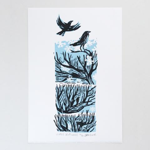 A two colour linocut of crows on top a tree. One crow is taking off the other is standing on a branch. There are three layers of trees, the picture is tall and narrow. In the second layer there is another crow on a branch and in the bottom layer there is a nest. The print is in cyan and black. At the top there are snowflakes.